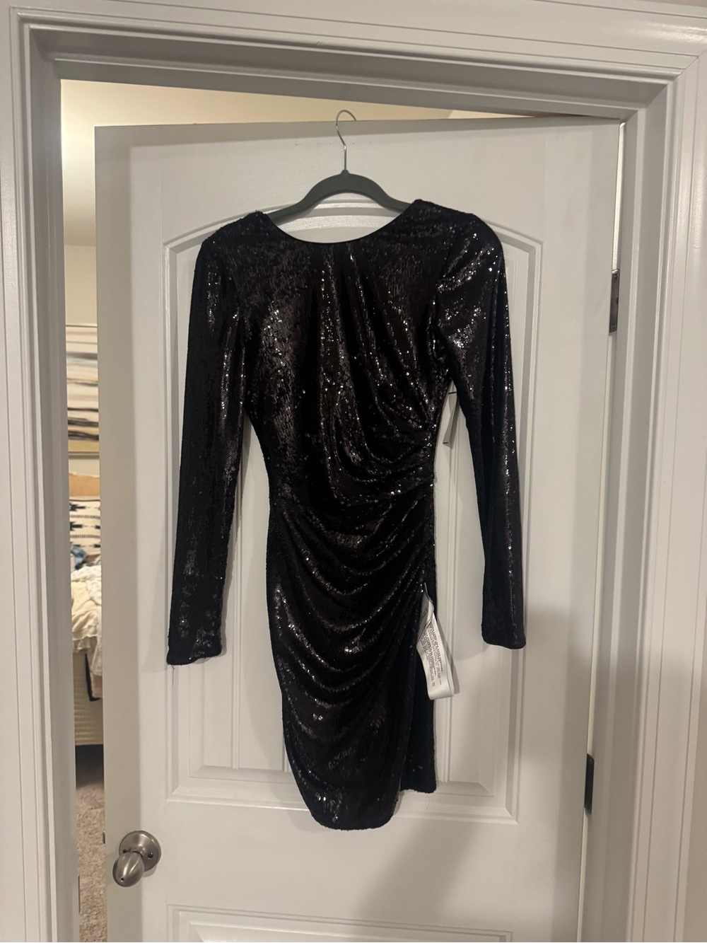 Dress the Population Black Sequin Long-Sleeve Ruched Mini Dress